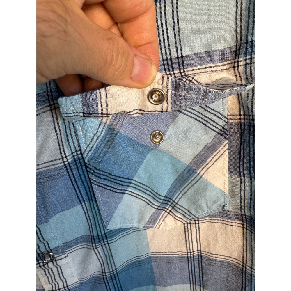 Hang Ten Mens Blue Plaid Western Pearl Snap Shirt Medium Surf Coastal Retro - Picture 4 of 11